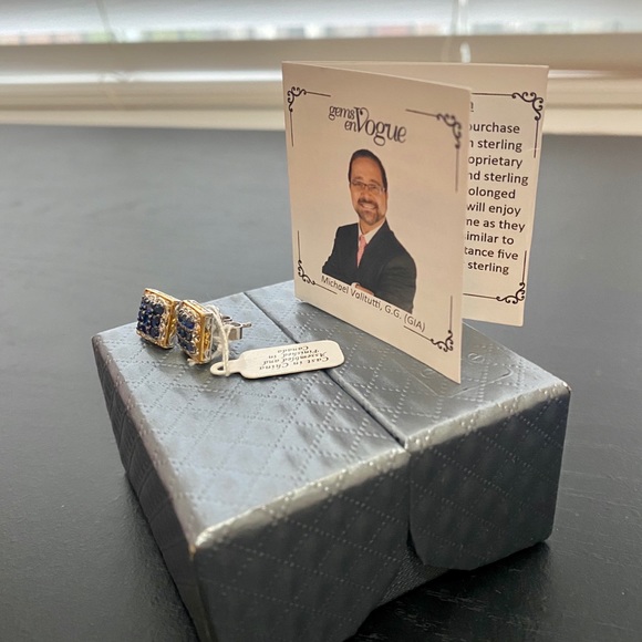 NWT Royal Blue Sapphire Square Cluster Earrings - Picture 8 of 16